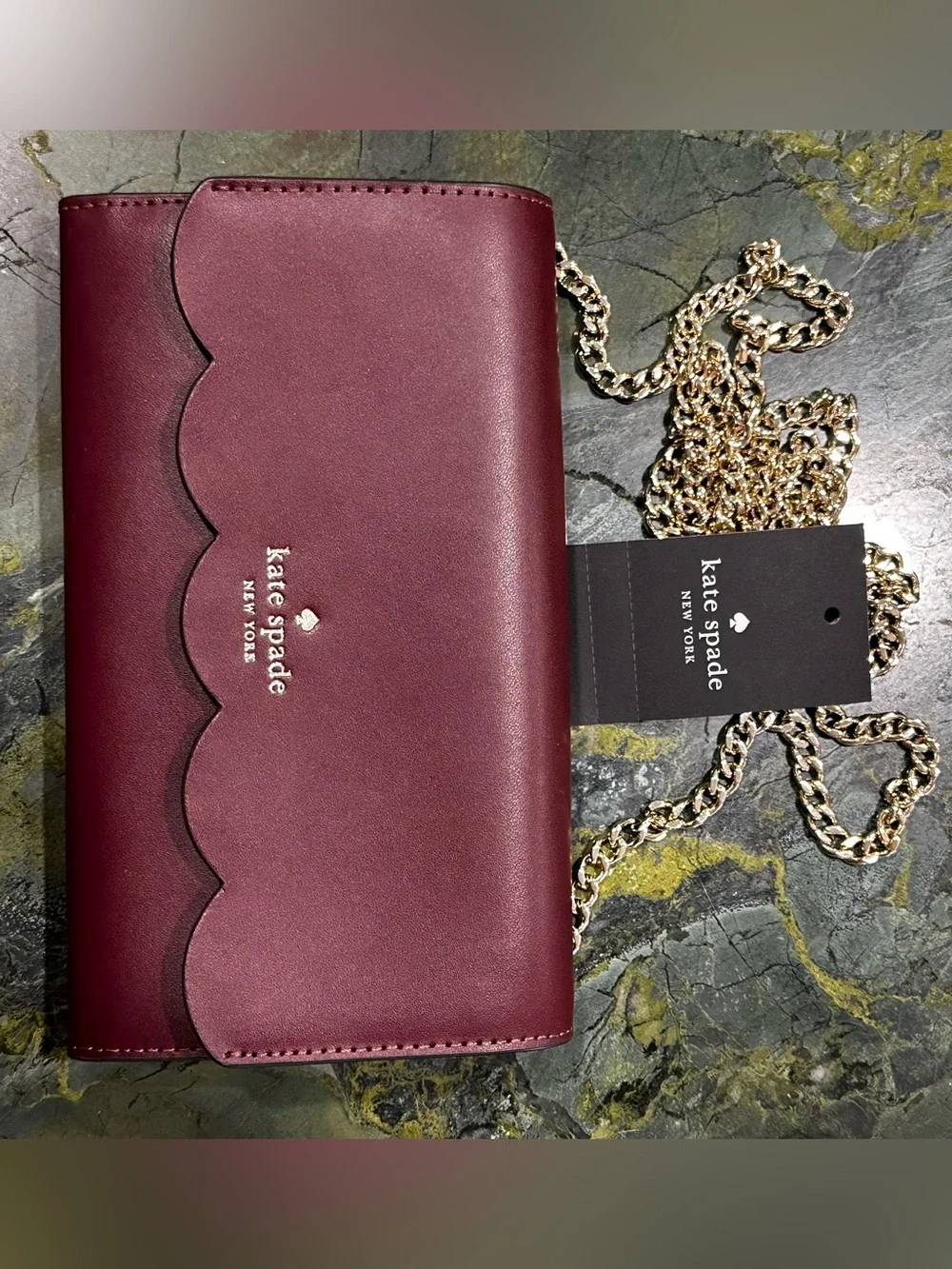 KATE SPADE Scalloped Flap Wallet Crossbody Bag Wine Color with Gold Chain NEW